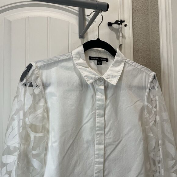 Boston Proper White Button Up Sheer Floral Long Balloon Sleeve Top Womens Size S - Picture 2 of 12